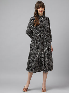 Beige Shirt Collar 3/4 Sleeves Printed A-Line Dress For Casual Wear