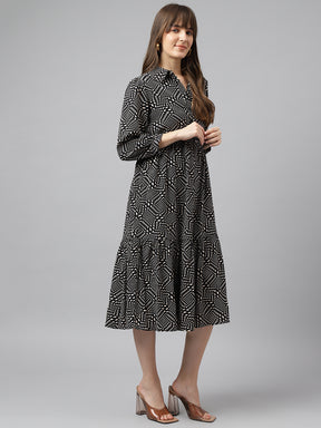 Beige Shirt Collar 3/4 Sleeves Printed A-Line Dress For Casual Wear