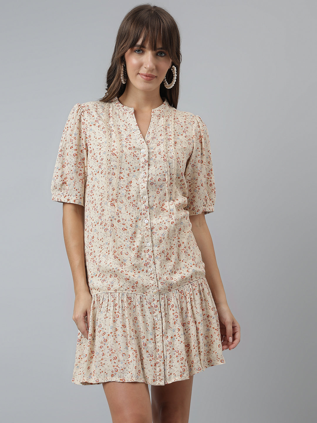 Printed A-line Casual Half Sleeves Beige Dress