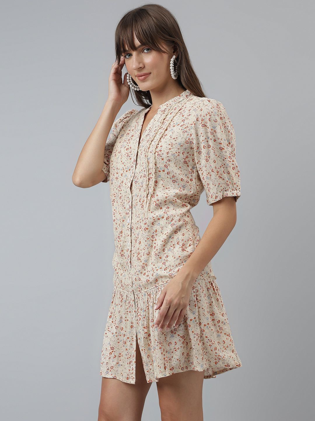 Printed A-line Casual Half Sleeves Beige Dress