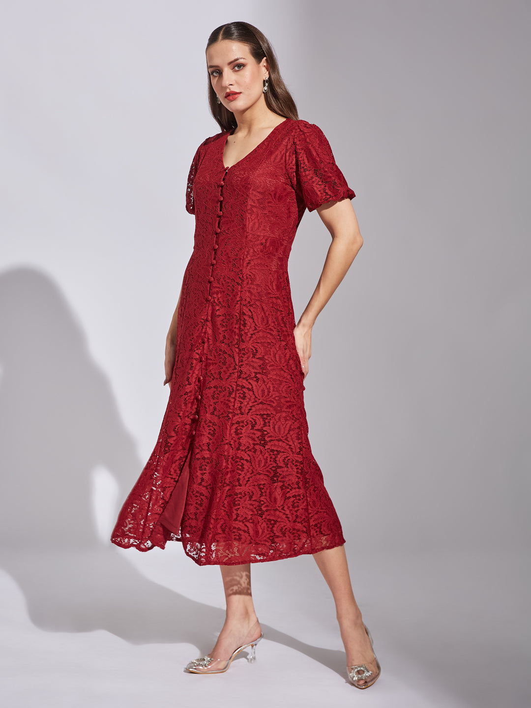 Latin Quarters Women Maroon V-Neck Lace A-Line Midi Dress