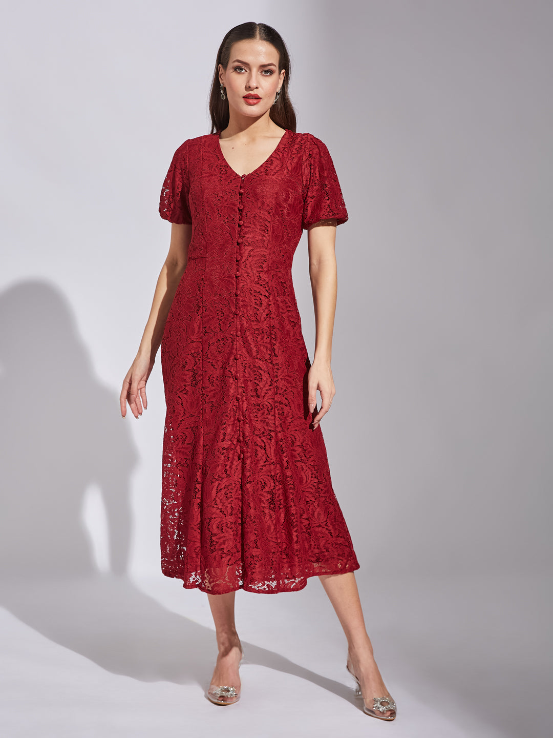 Latin Quarters Women Maroon V-Neck Lace A-Line Midi Dress