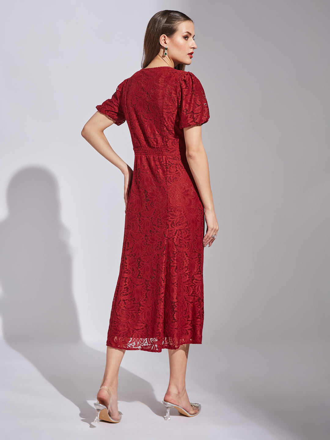 Latin Quarters Women A-Line Maroon Half Sleeve V-Neck Self Design Party Dress