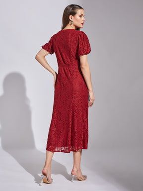 Latin Quarters Women A-Line Maroon Half Sleeve V-Neck Self Design Party Dress