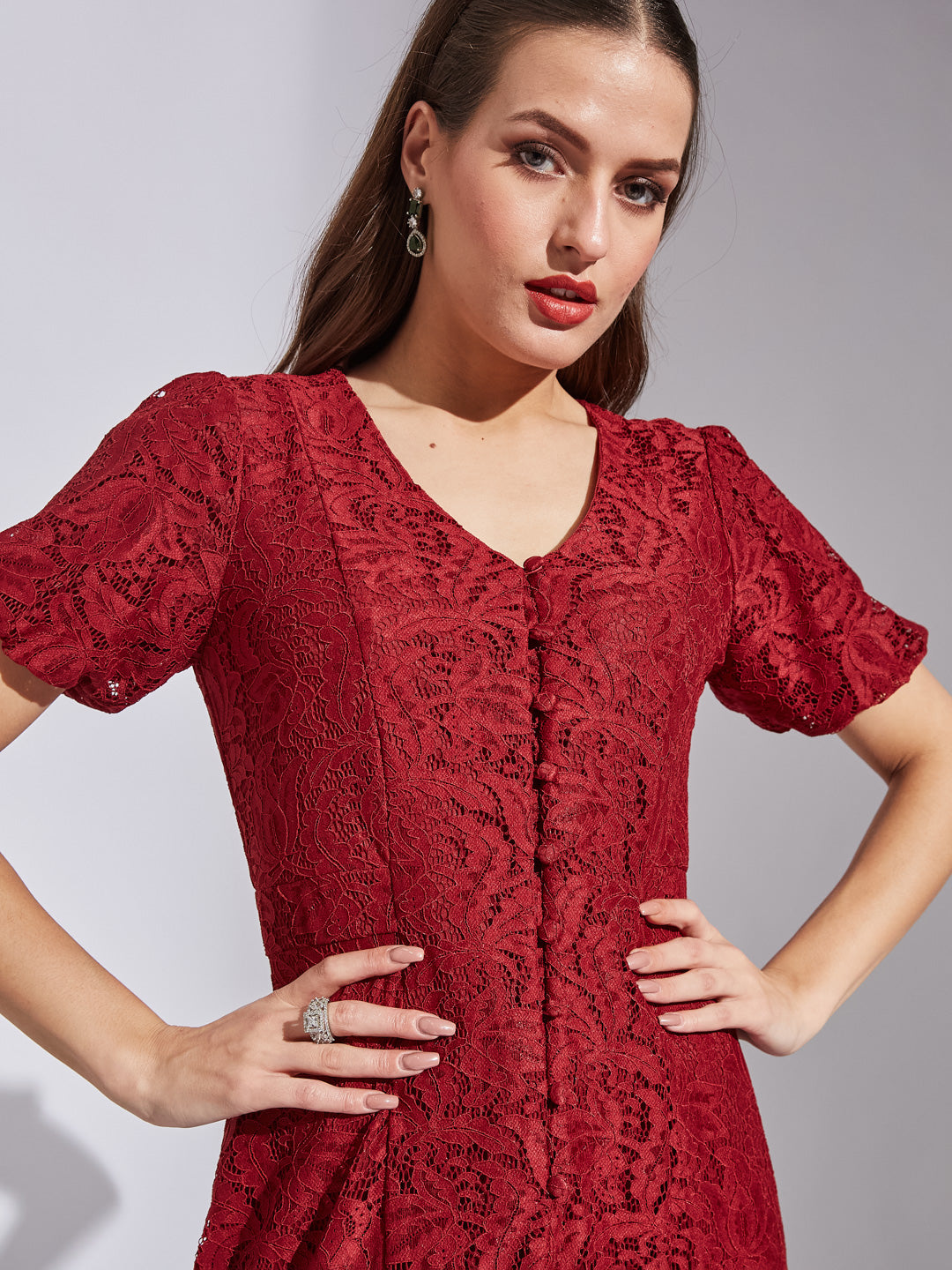 Latin Quarters Women A-Line Maroon Half Sleeve V-Neck Self Design Party Dress