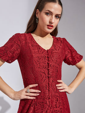 Latin Quarters Women A-Line Maroon Half Sleeve V-Neck Self Design Party Dress