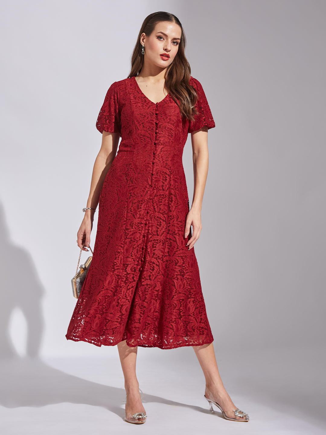 Latin Quarters Women A-Line Maroon Half Sleeve V-Neck Self Design Party Dress