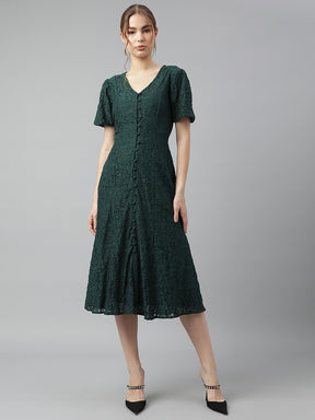 Green Round Neck Short Sleeves Solid A-Line Dress For Casual Wear