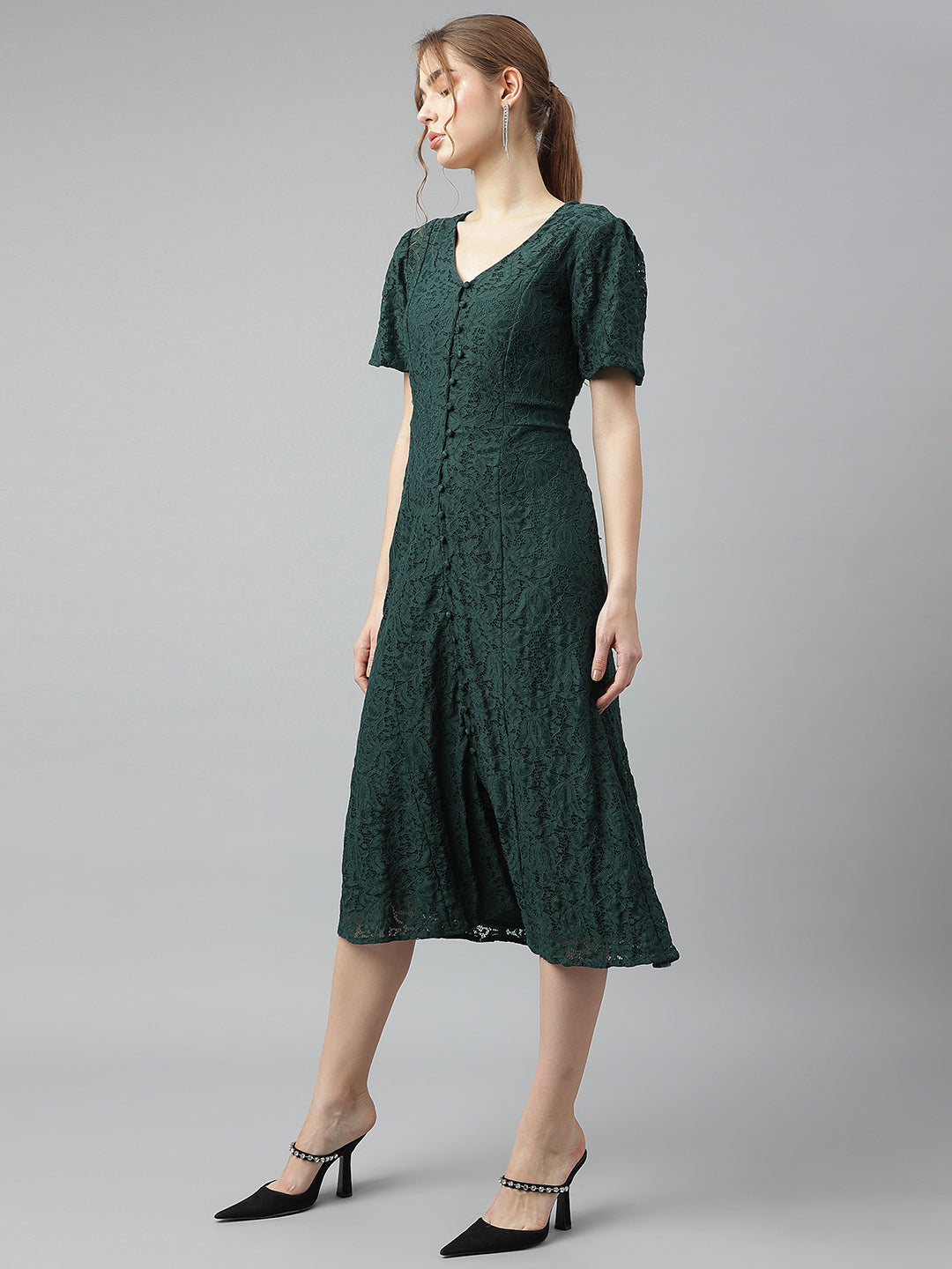 Green Round Neck Short Sleeves Solid A-Line Dress For Casual Wear