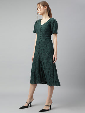 Green Round Neck Short Sleeves Solid A-Line Dress For Casual Wear