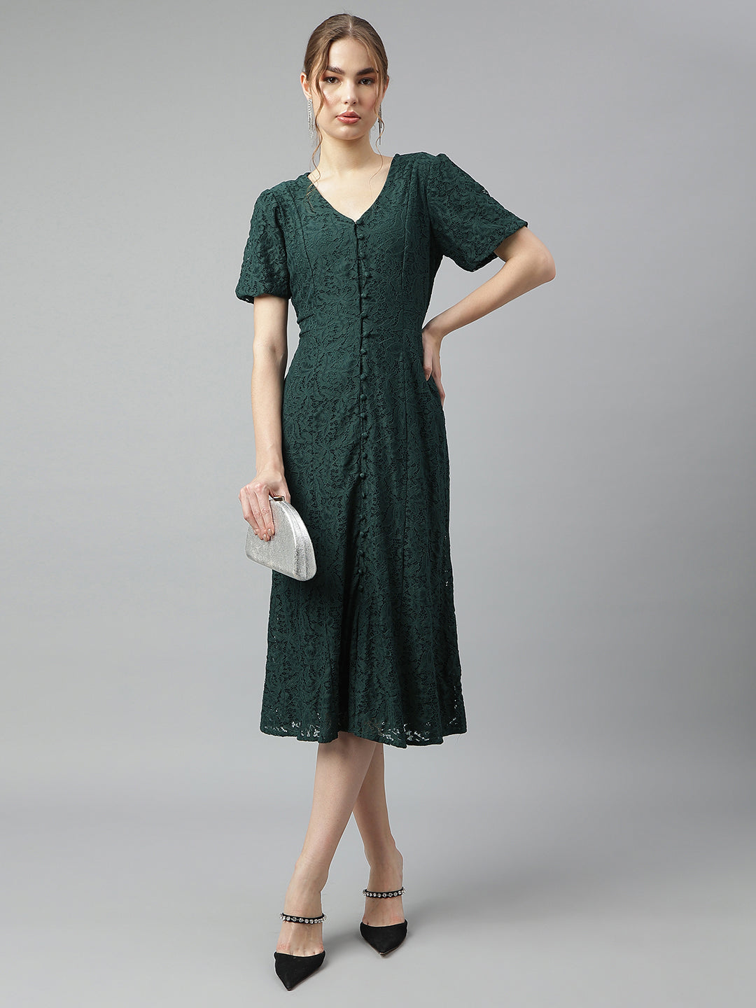 Green Round Neck Short Sleeves Solid A-Line Dress For Casual Wear