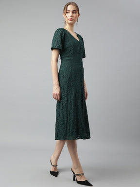 Green Round Neck Short Sleeves Solid A-Line Dress For Casual Wear