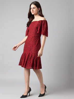 Self Design A-line Evening Half Sleeves Maroon Dress