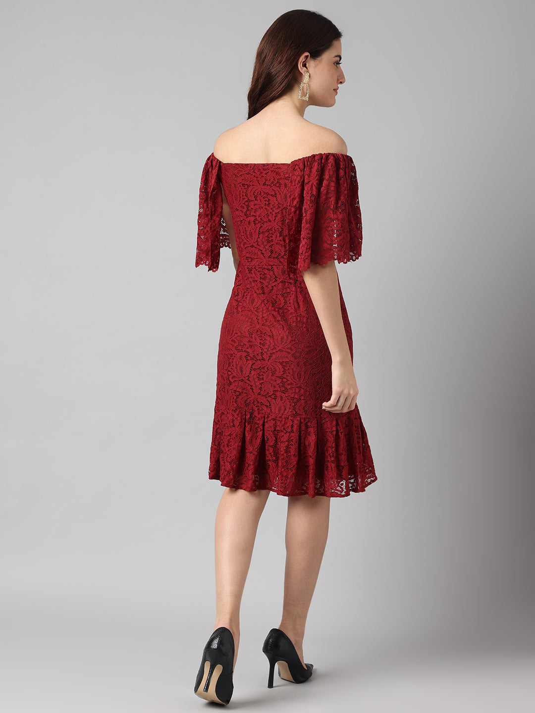 Self Design A-line Evening Half Sleeves Maroon Dress