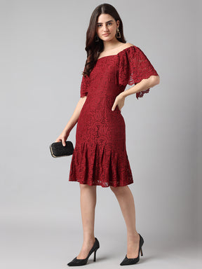 Self Design A-line Evening Half Sleeves Maroon Dress