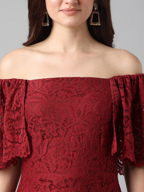 Self Design A-line Evening Half Sleeves Maroon Dress