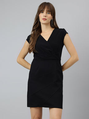 Black V Neck Short Sleeves Bodycon Above Knee Dress For Party Wear