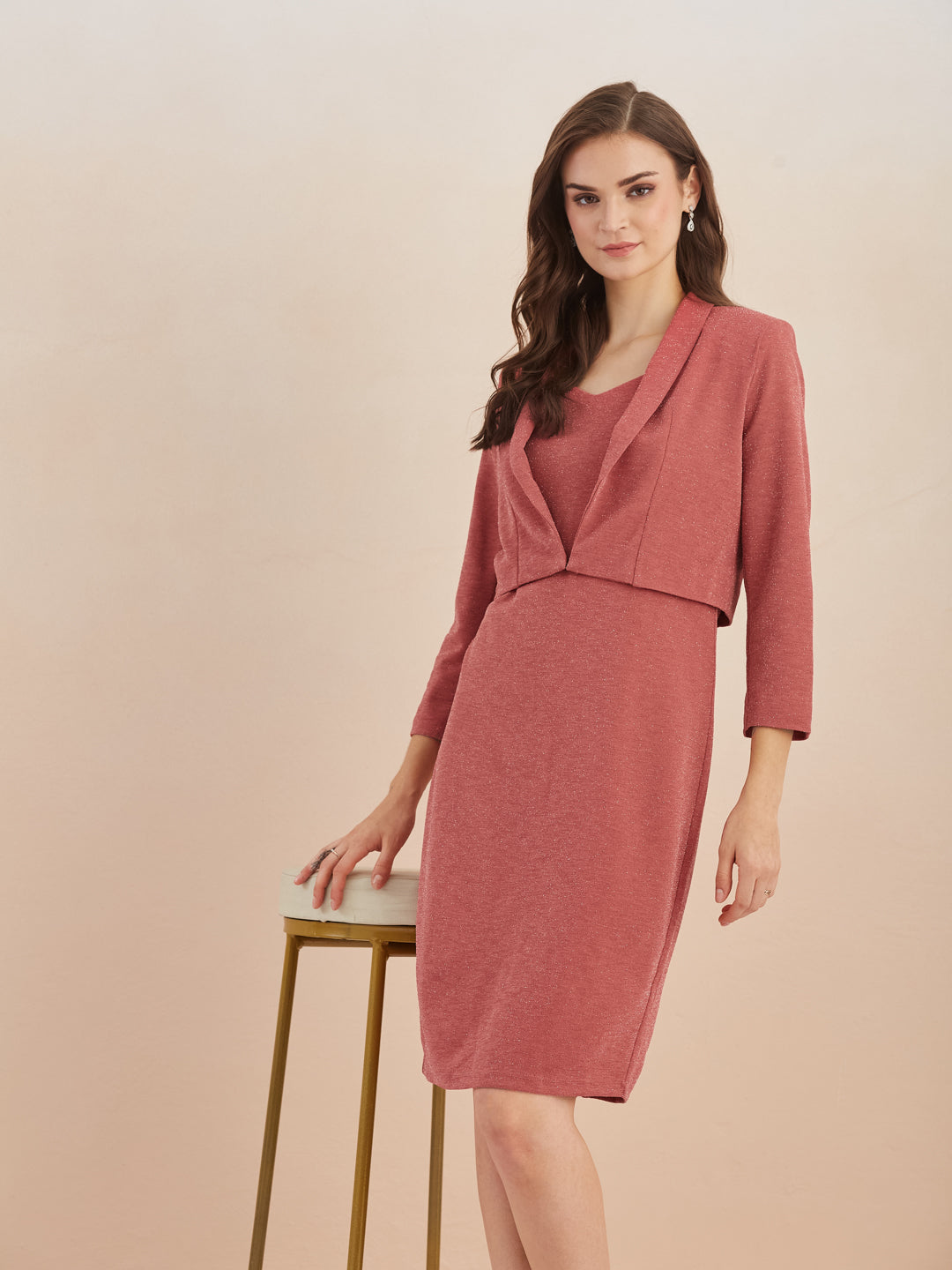 Latin Quarters Women Pink Solid V-Neck Bodycon Midi Dress with Shrug for Party Occasion
