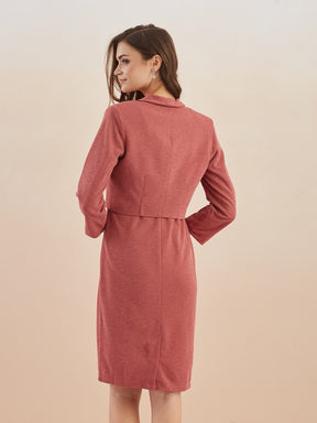 Latin Quarters Women Pink Solid V-Neck Bodycon Midi Dress with Shrug for Party Occasion