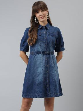 Solid A-line Casual Half Sleeves Blue Dress