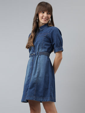 Solid A-line Casual Half Sleeves Blue Dress