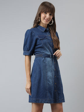 Solid A-line Casual Half Sleeves Blue Dress