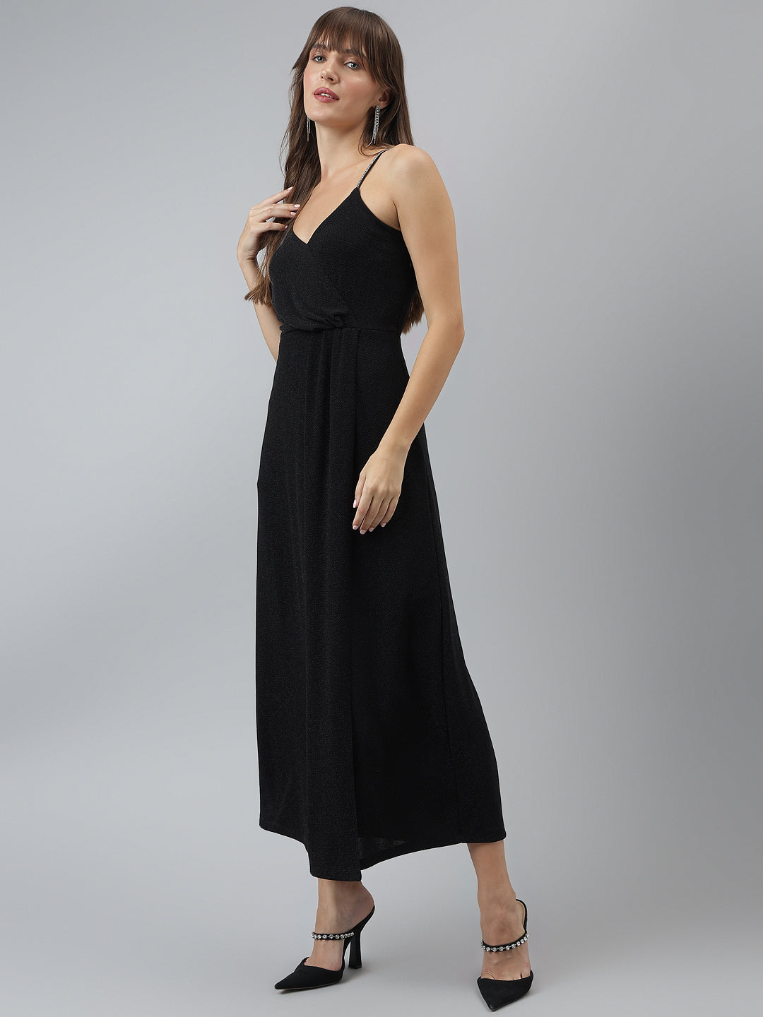 Solid A-line Evening Strap Black Dress