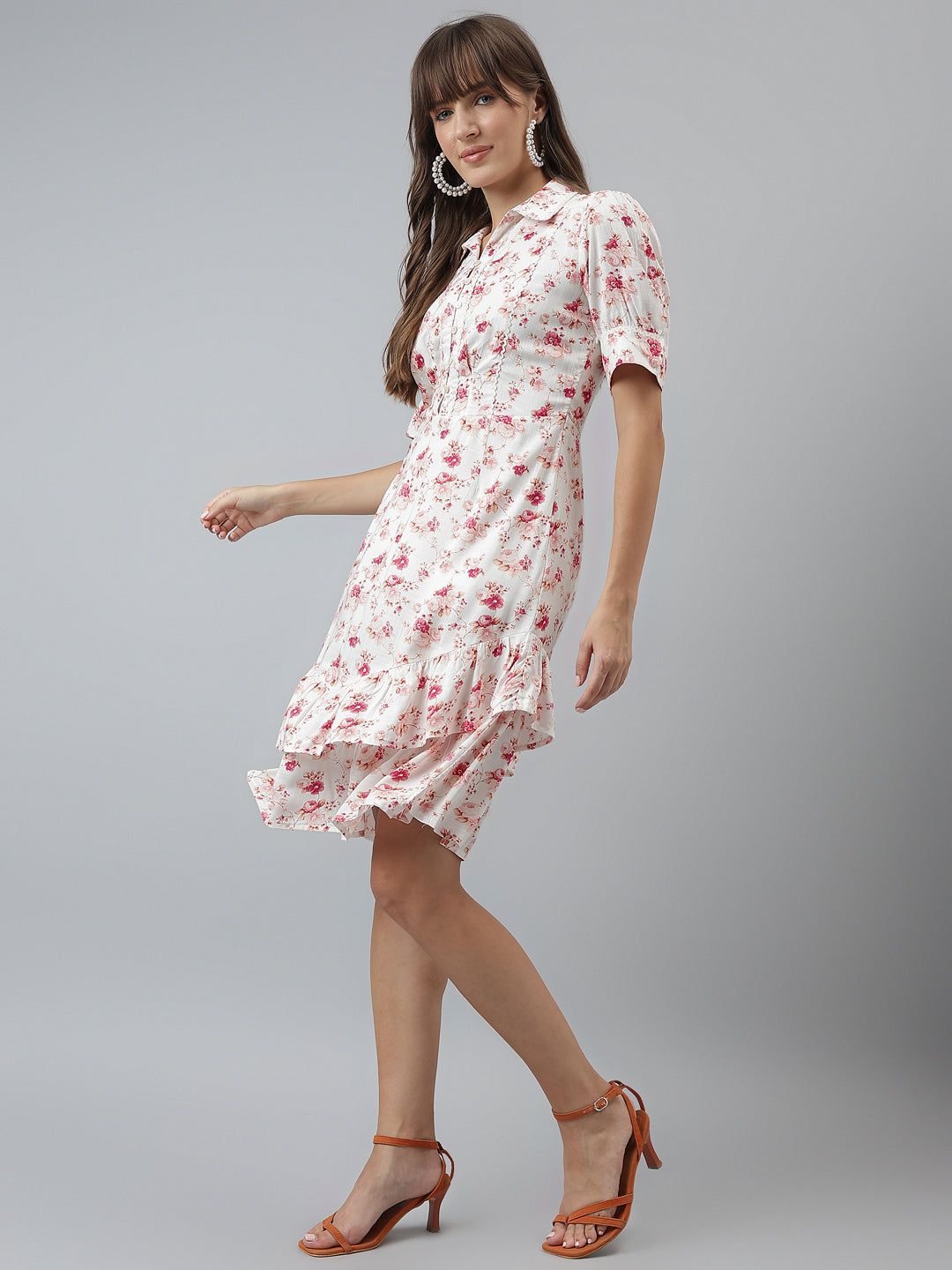 Latin Quarters Women'S Pink Printed Collared Half Sleeve A-Line Casual Dress