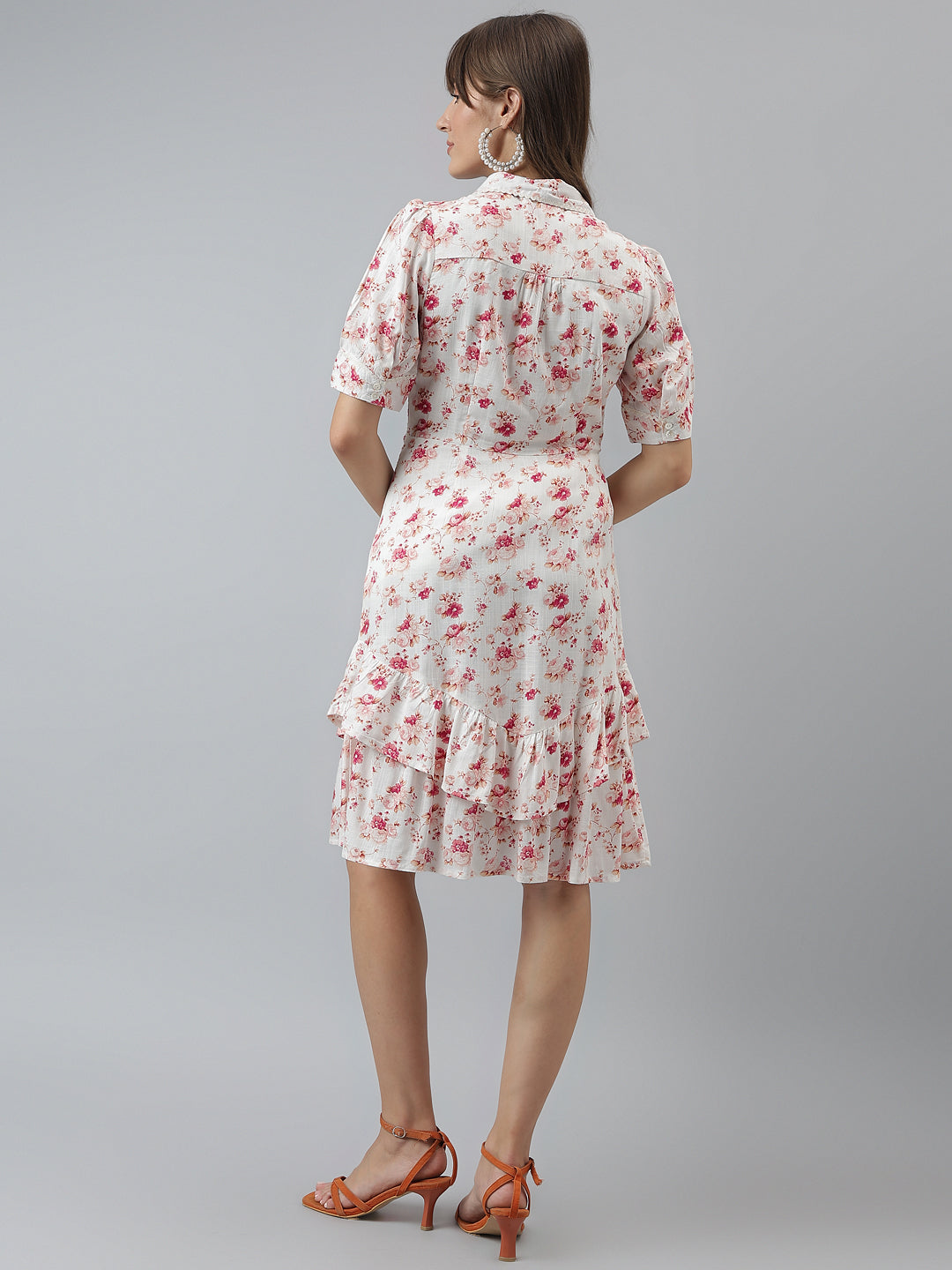 Latin Quarters Women'S Pink Printed Collared Half Sleeve A-Line Casual Dress