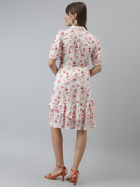 Latin Quarters Women'S Pink Printed Collared Half Sleeve A-Line Casual Dress