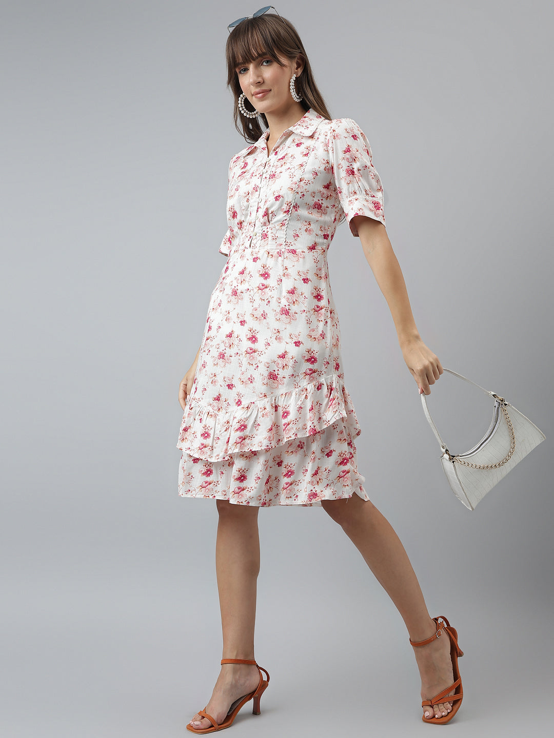 Latin Quarters Women'S Pink Printed Collared Half Sleeve A-Line Casual Dress