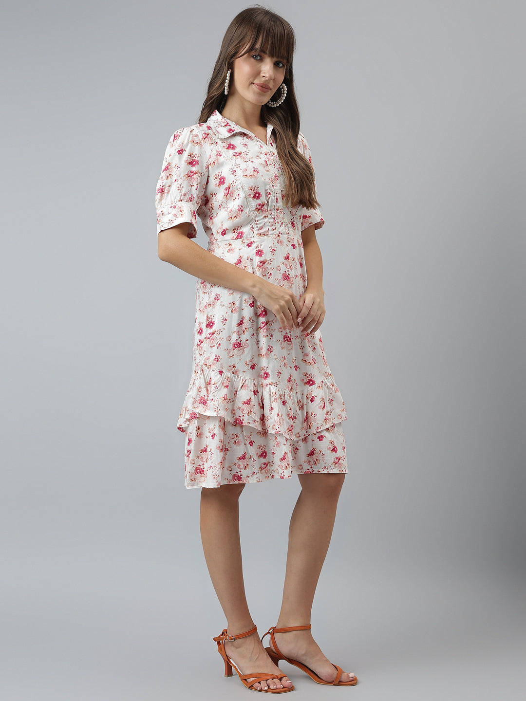 Latin Quarters Women'S Pink Printed Collared Half Sleeve A-Line Casual Dress