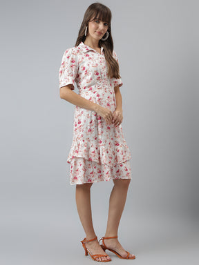 Latin Quarters Women'S Pink Printed Collared Half Sleeve A-Line Casual Dress