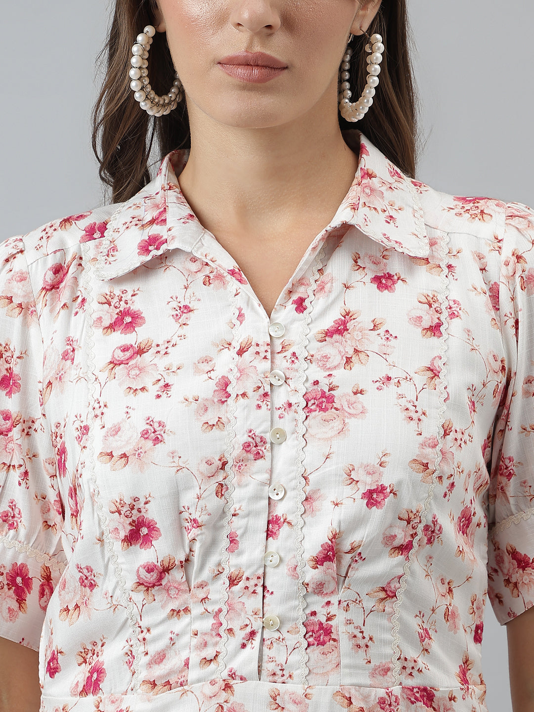Latin Quarters Women'S Pink Printed Collared Half Sleeve A-Line Casual Dress