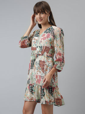 Printed A-line Casual 3/4 Sleeves Beige Dress