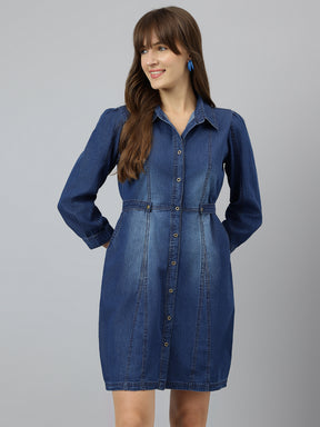 Blue Shirt Collar Three-Quarter Sleeves Solid A-Line Dress For Casual Wear