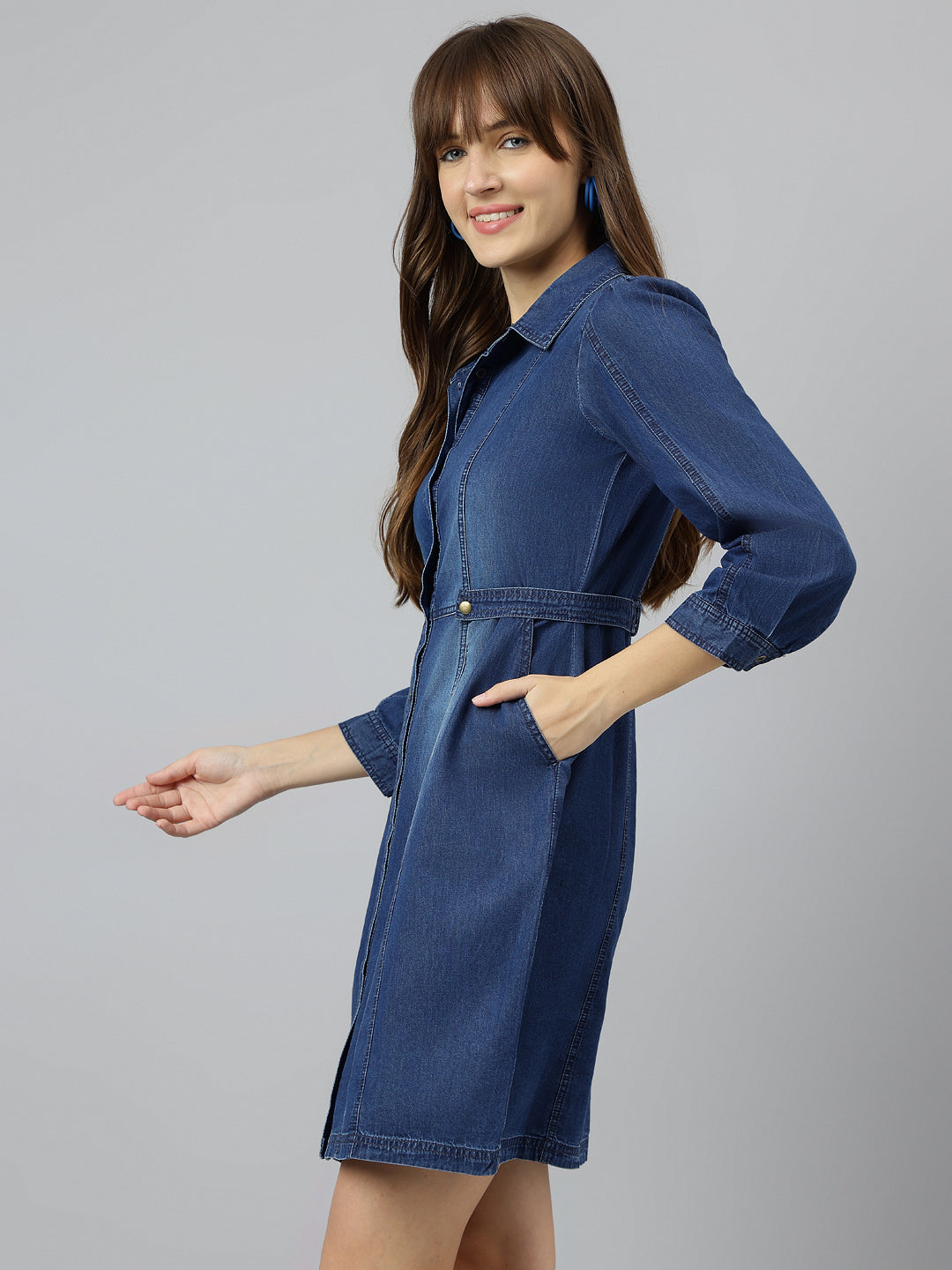 Blue Shirt Collar Three-Quarter Sleeves Solid A-Line Dress For Casual Wear