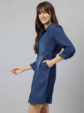 Latin Quarters Women Straight Blue 3/4Th Sleeves Collared Solid Casual Dress