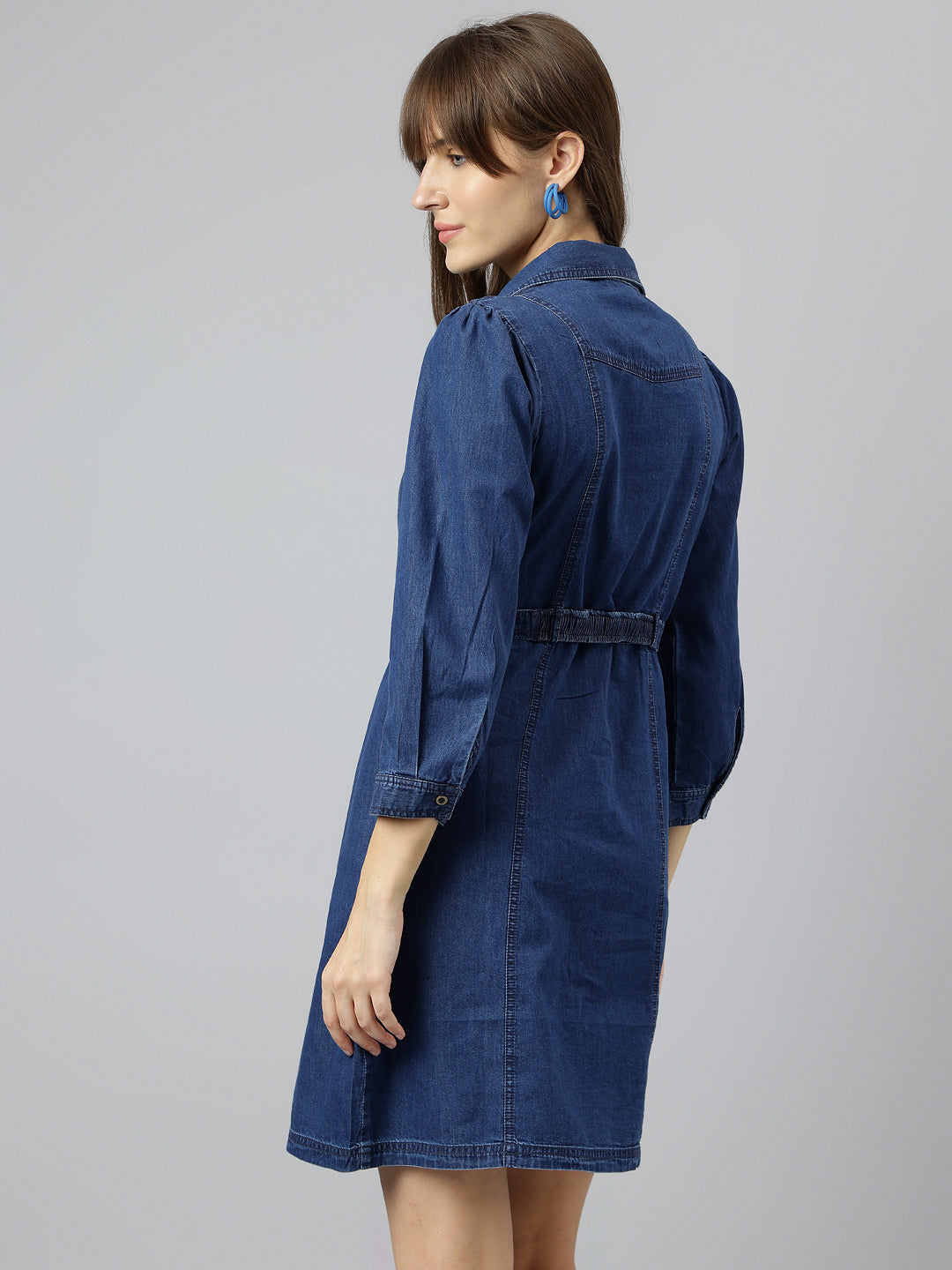 Blue Shirt Collar Three-Quarter Sleeves Solid A-Line Dress For Casual Wear