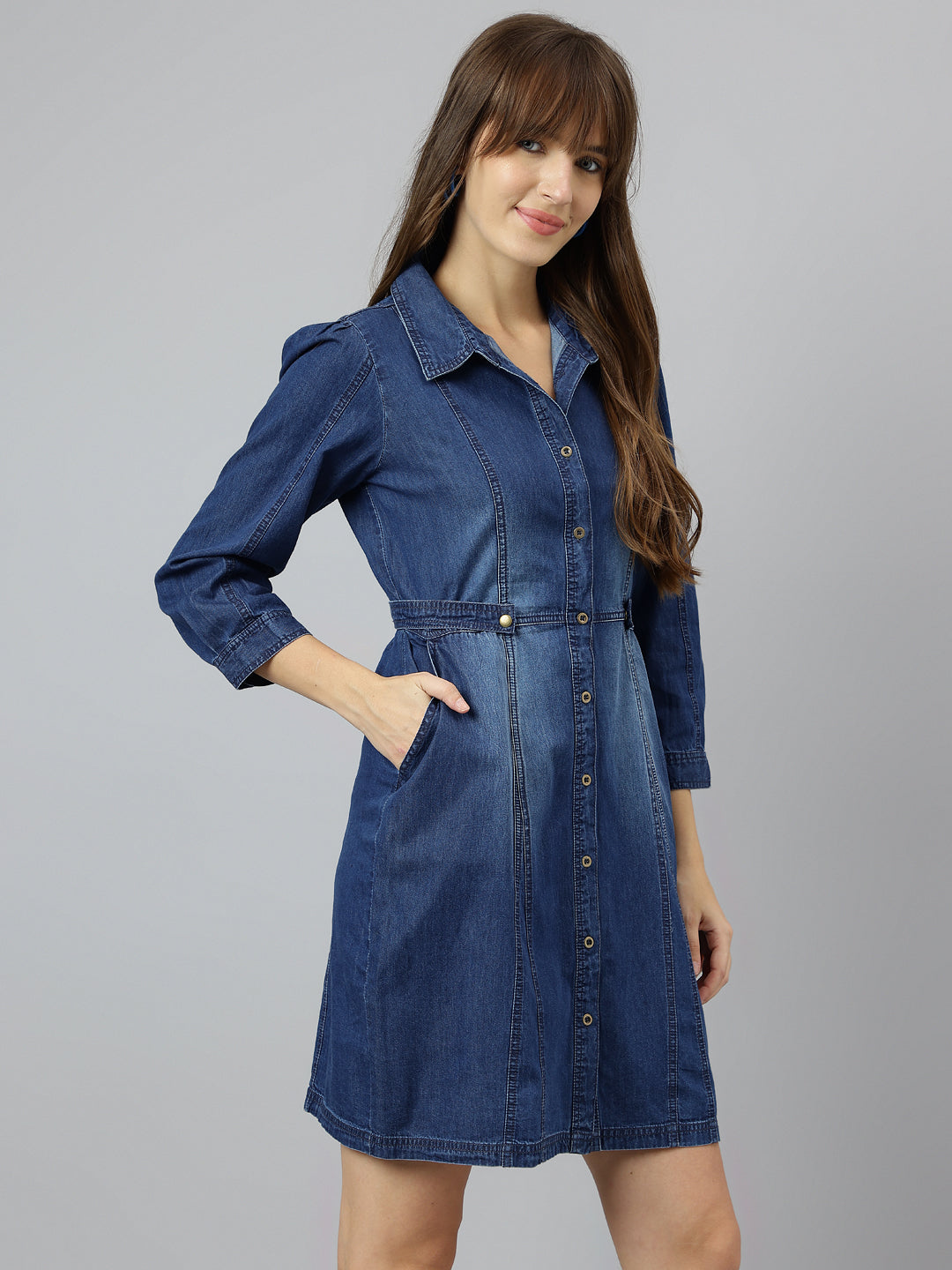 Blue Shirt Collar Three-Quarter Sleeves Solid A-Line Dress For Casual Wear