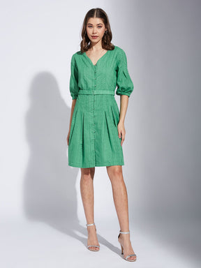 Latin Quarter Women Green V-Neck Half Sleeve Solid A-Line Dress