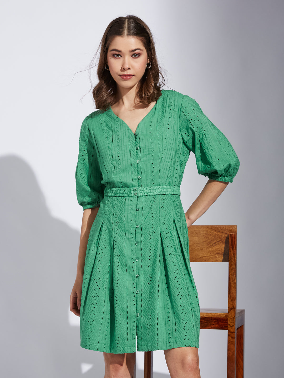 Latin Quarter Women Green V-Neck Half Sleeve Solid A-Line Dress