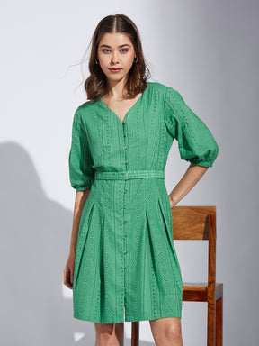 Latin Quarter Women Green V-Neck Half Sleeve Solid A-Line Dress