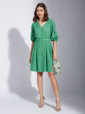 Latin Quarter Women Green V-Neck Half Sleeve Solid A-Line Dress