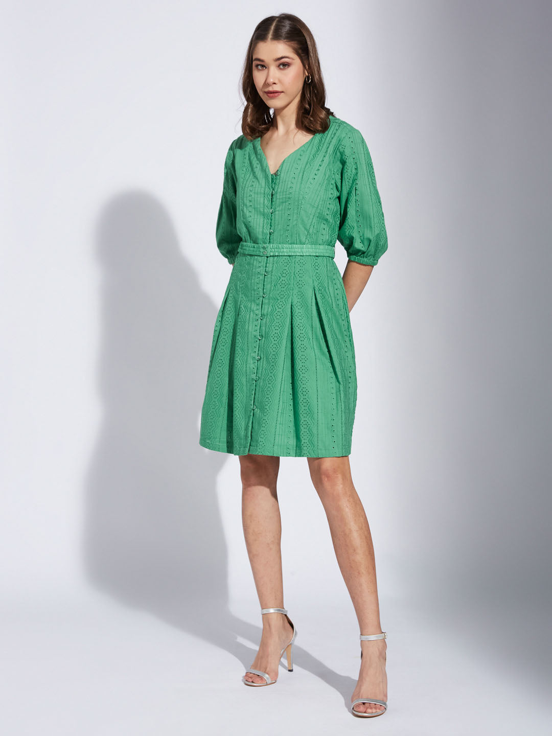 Latin Quarter Women Green V-Neck Half Sleeve Solid A-Line Dress