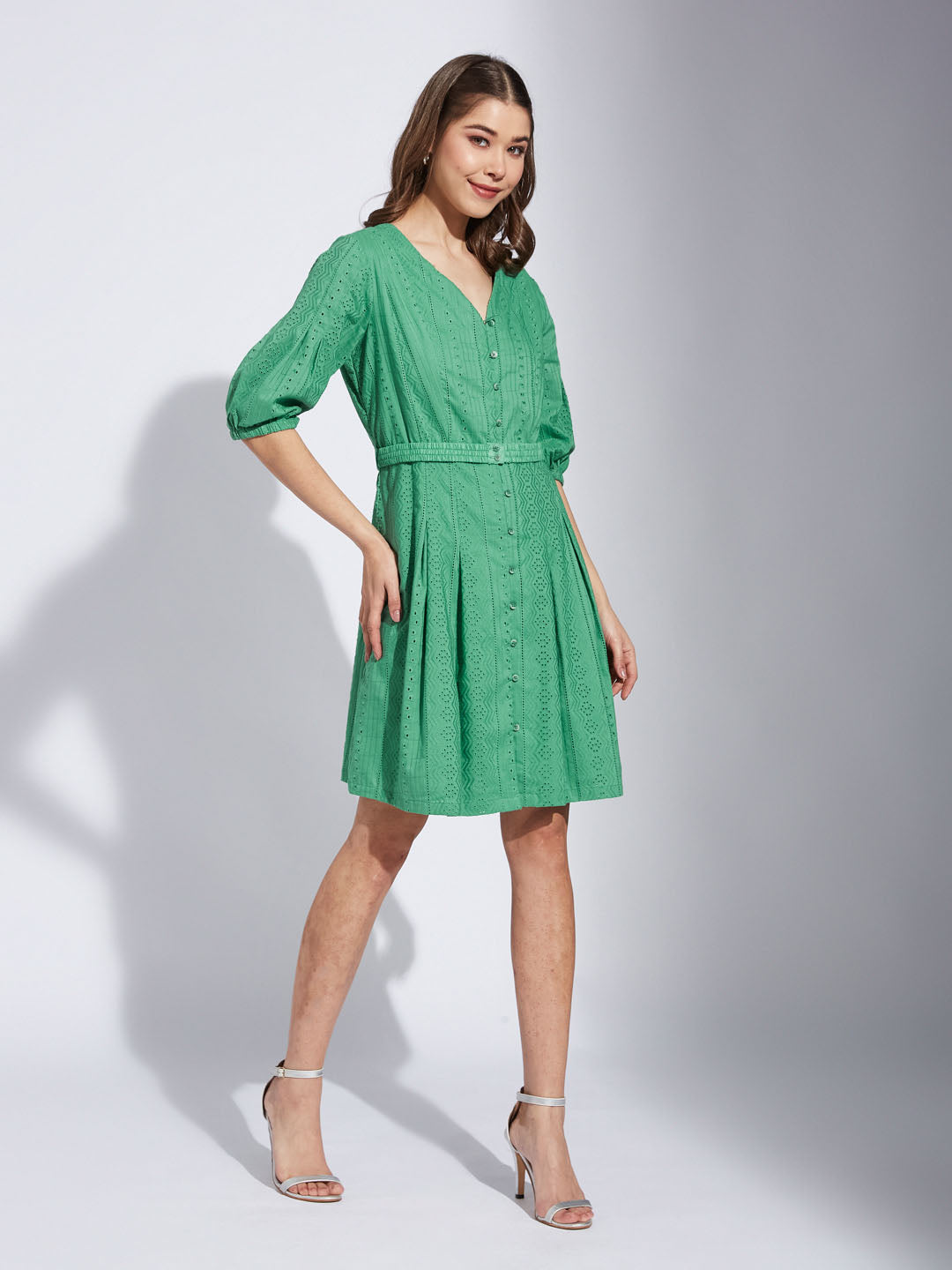 Latin Quarter Women Green V-Neck Half Sleeve Solid A-Line Dress