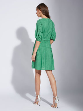 Latin Quarter Women Green V-Neck Half Sleeve Solid A-Line Dress