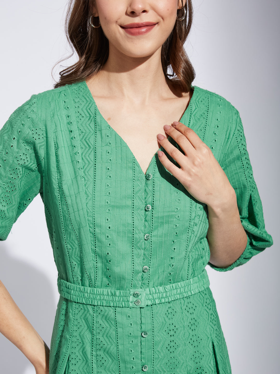 Latin Quarter Women Green V-Neck Half Sleeve Solid A-Line Dress