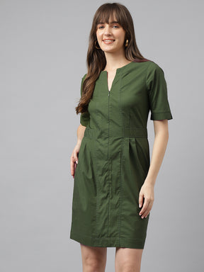 Green Short Sleeve  V Neck Above Knee Dress