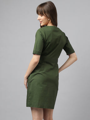 Green Short Sleeve  V Neck Above Knee Dress